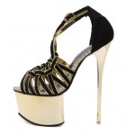Black Gold Strappy Crisscross Platforms Stiletto Super High Heels Sandals Shoes